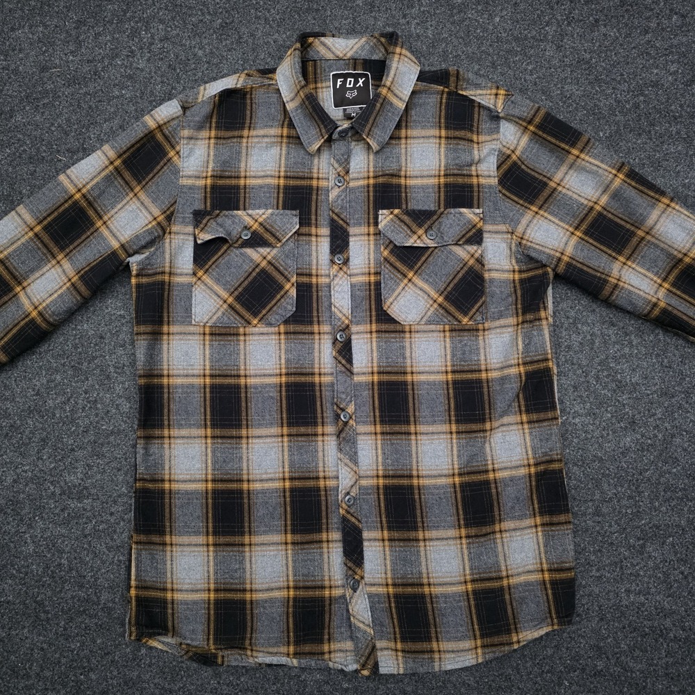 Fox Racing Mens Medium Black Gray Yellow Plaid‎ Flannel Button Up Shirt